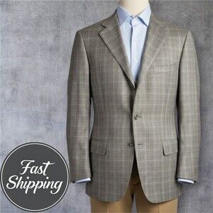 BARONI Men’s 42L Blazer Sport Coat Beige Plaid Windowpane Jacket SUPER 150S WOOL